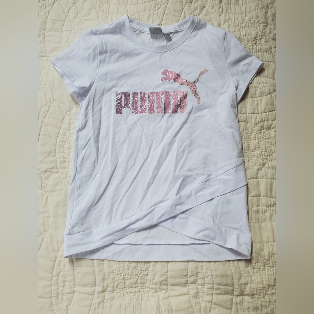 PUMA Girls M10/12 White and Pink Logo Top